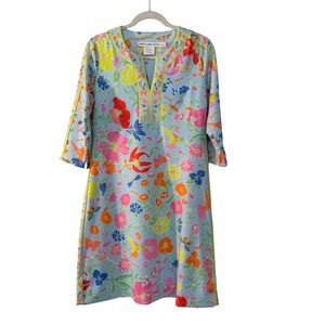 Gretchen Scott Blue Floral Hummingbird Split Neck Shift Dress 3/4 Sleeve Med